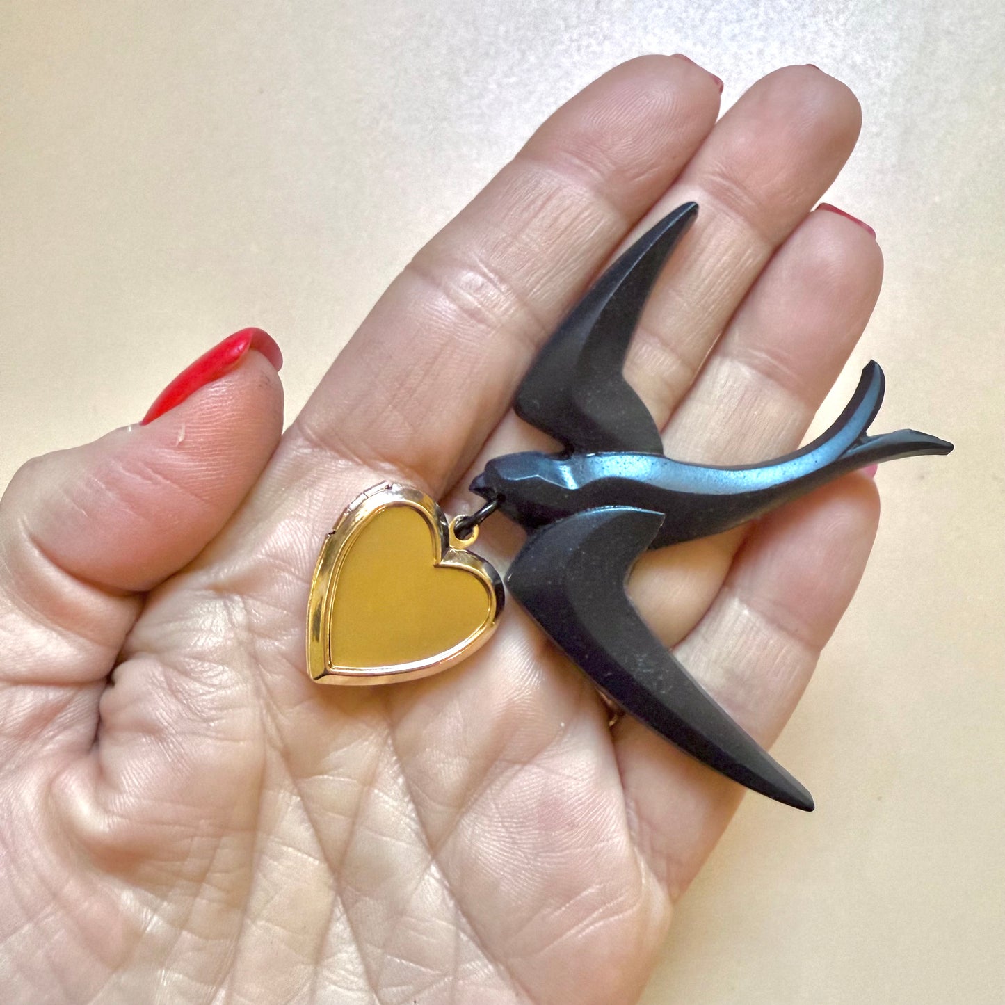 Victorian Mourning Swallow and Heart Locket brooch