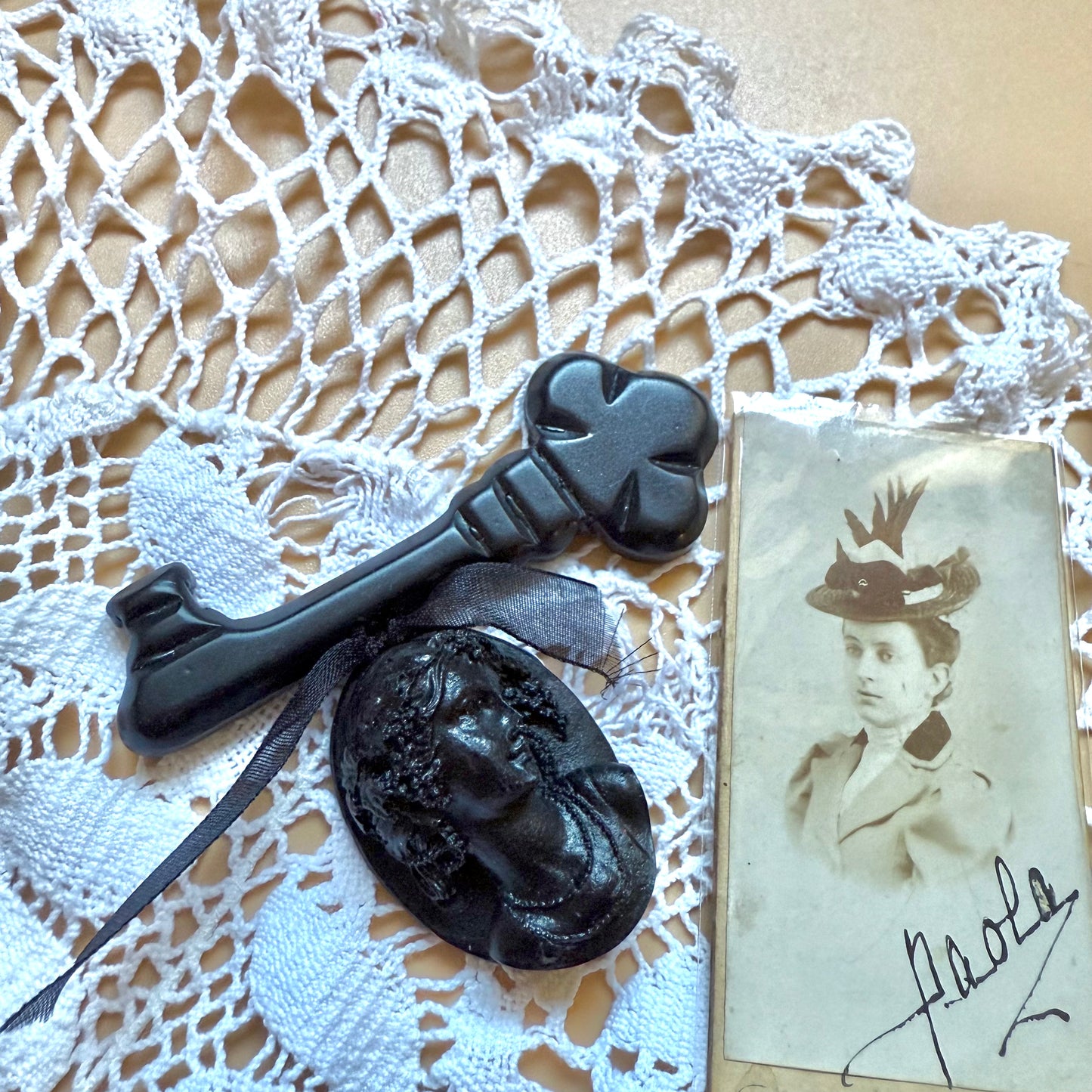 Victorian mourning brooch Key and cameo pendant inspired