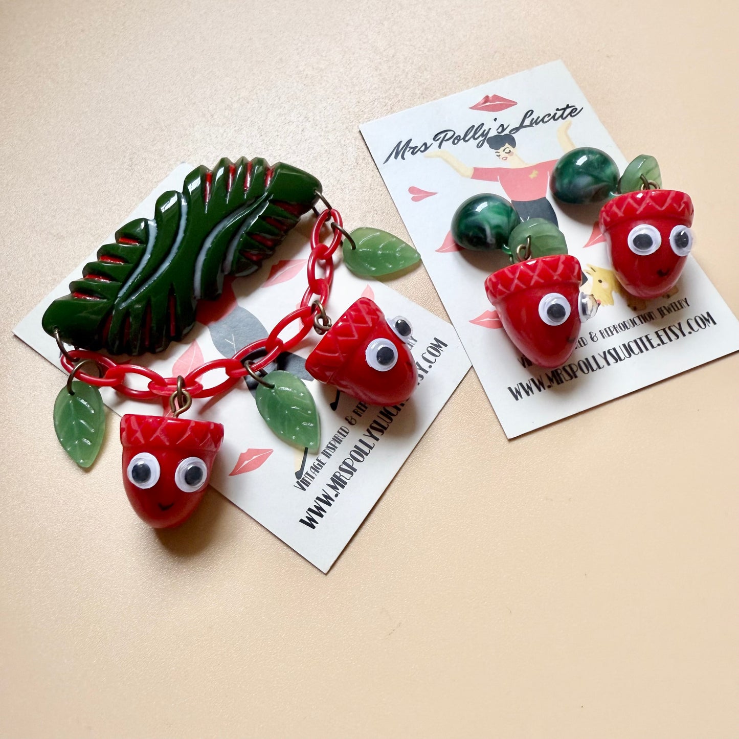 Funny Acorns resin brooch with optional matching earrings