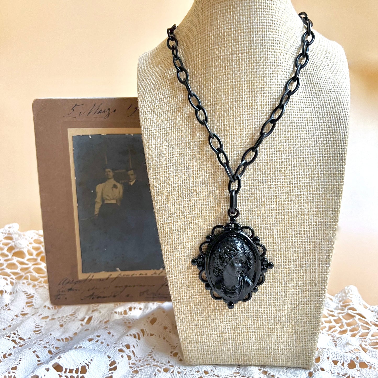 Victorian mourning cameo pendant Jet inspired necklace