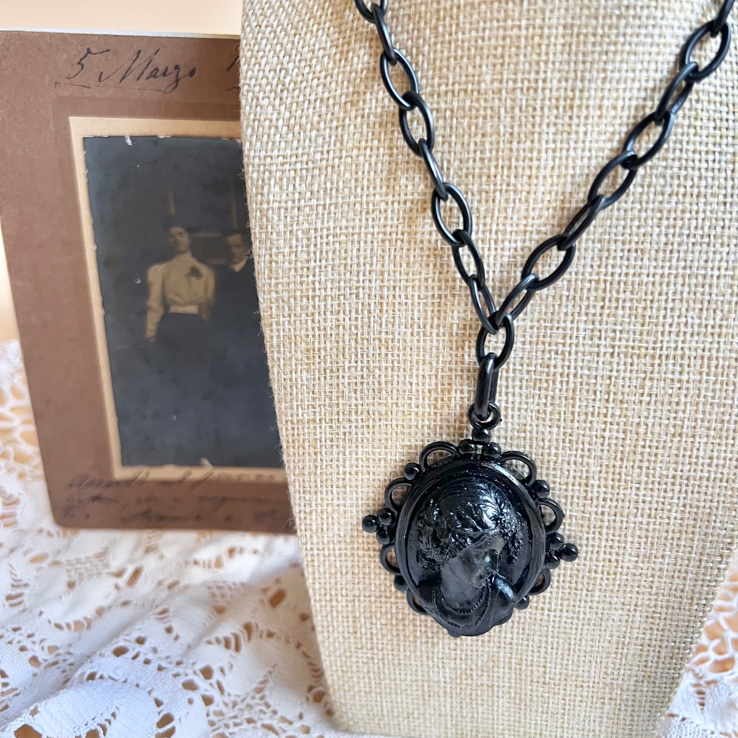 Victorian mourning cameo pendant Jet inspired necklace