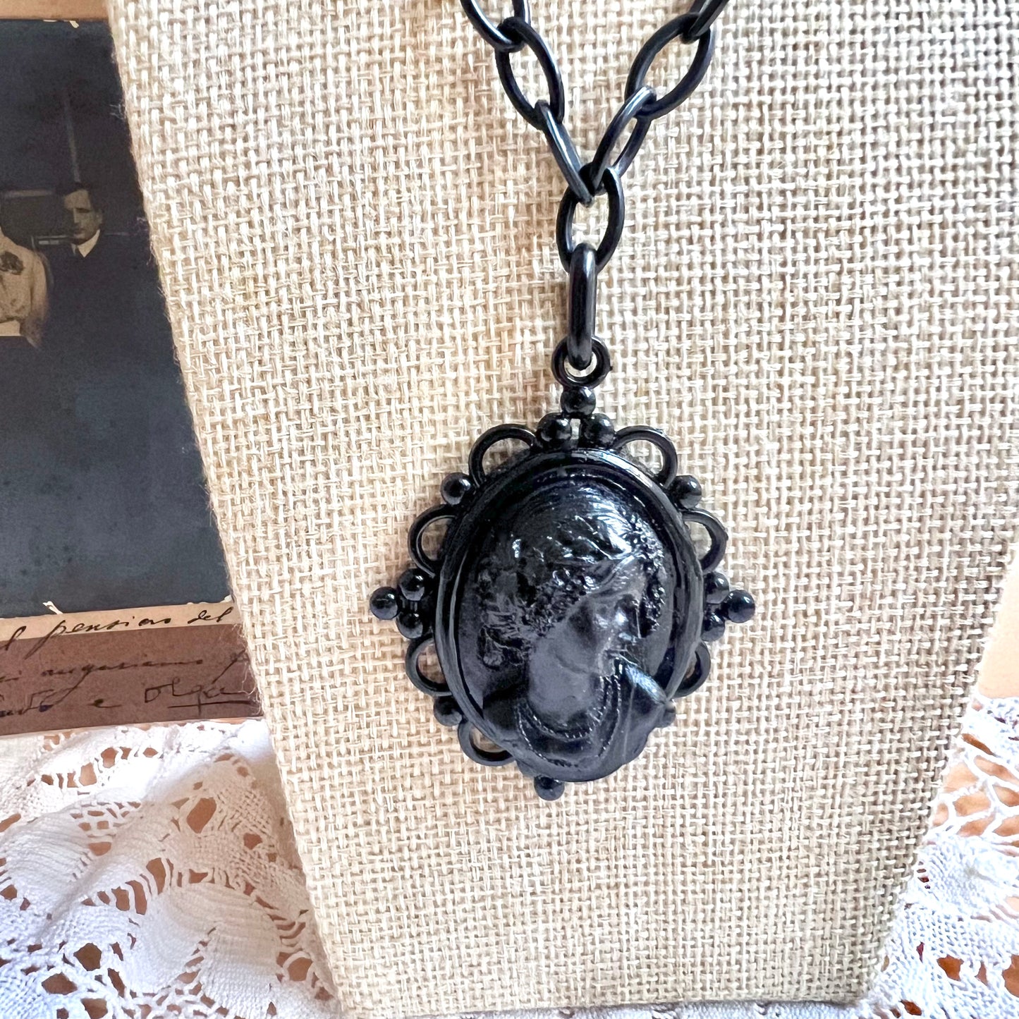 Victorian mourning cameo pendant Jet inspired necklace