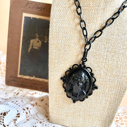 Victorian mourning cameo pendant Jet inspired necklace