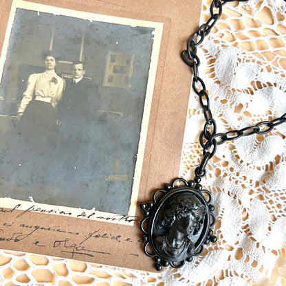 Victorian mourning cameo pendant Jet inspired necklace