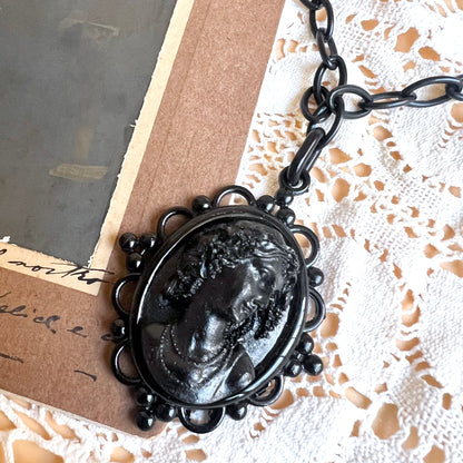 Victorian mourning cameo pendant Jet inspired necklace