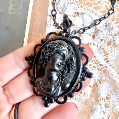 Victorian mourning cameo pendant Jet inspired necklace