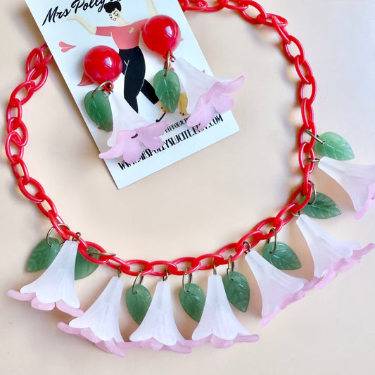 Red flower Necklace and optional matching earrings