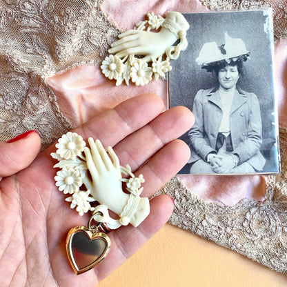 Victorian Mourning Hand and optional Heart Locket pin brooch