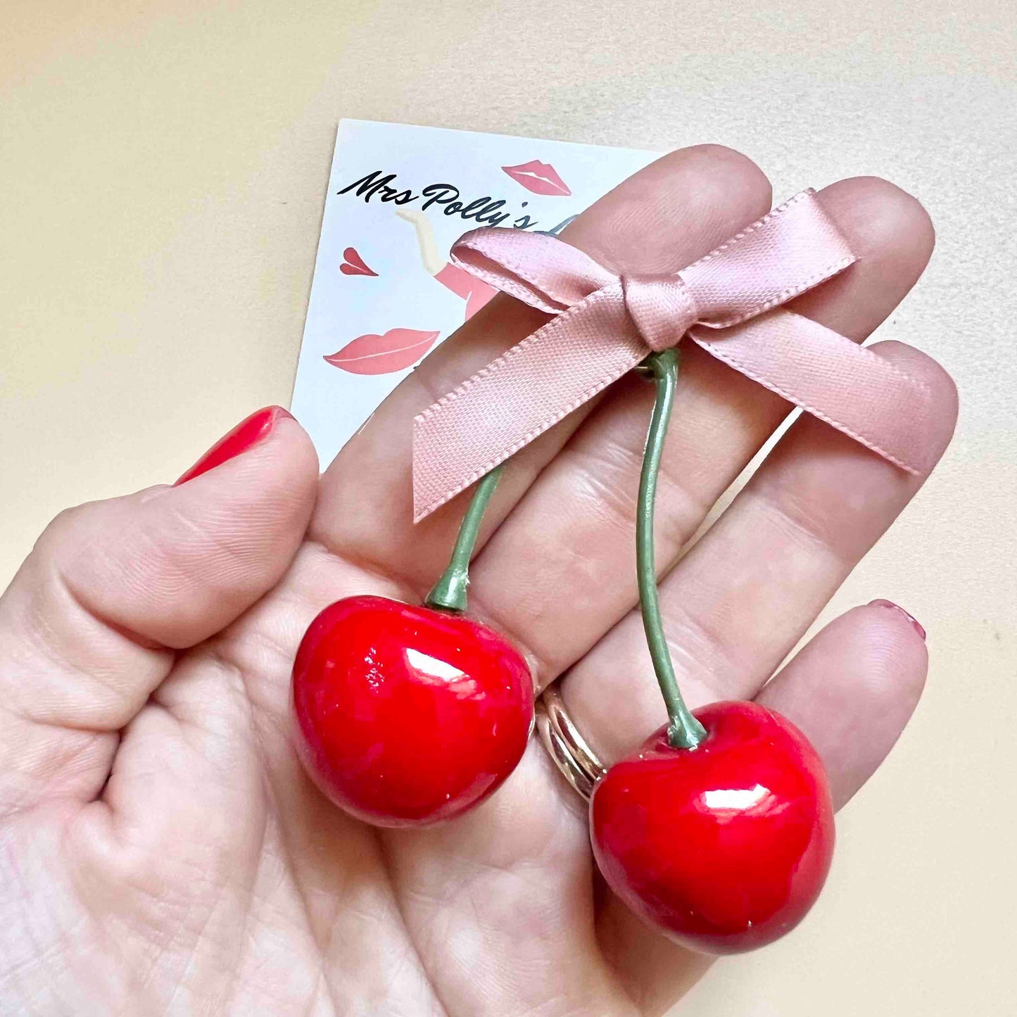 Pink Bow and Cherry Foam Vintage Style Brooch