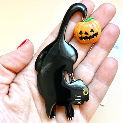 Halloween Black Cat and jack o lantern Resin Brooch