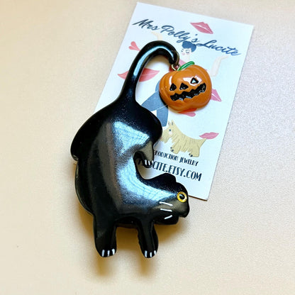 Halloween Black Cat and jack o lantern Resin Brooch