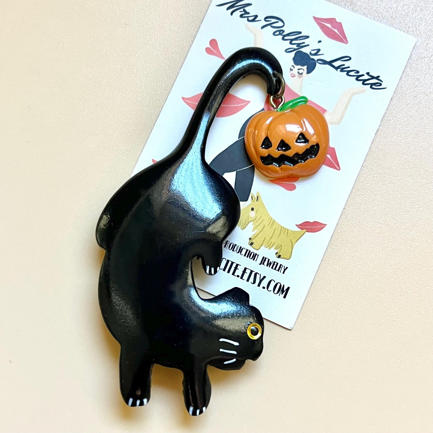 Halloween Black Cat and jack o lantern Resin Brooch