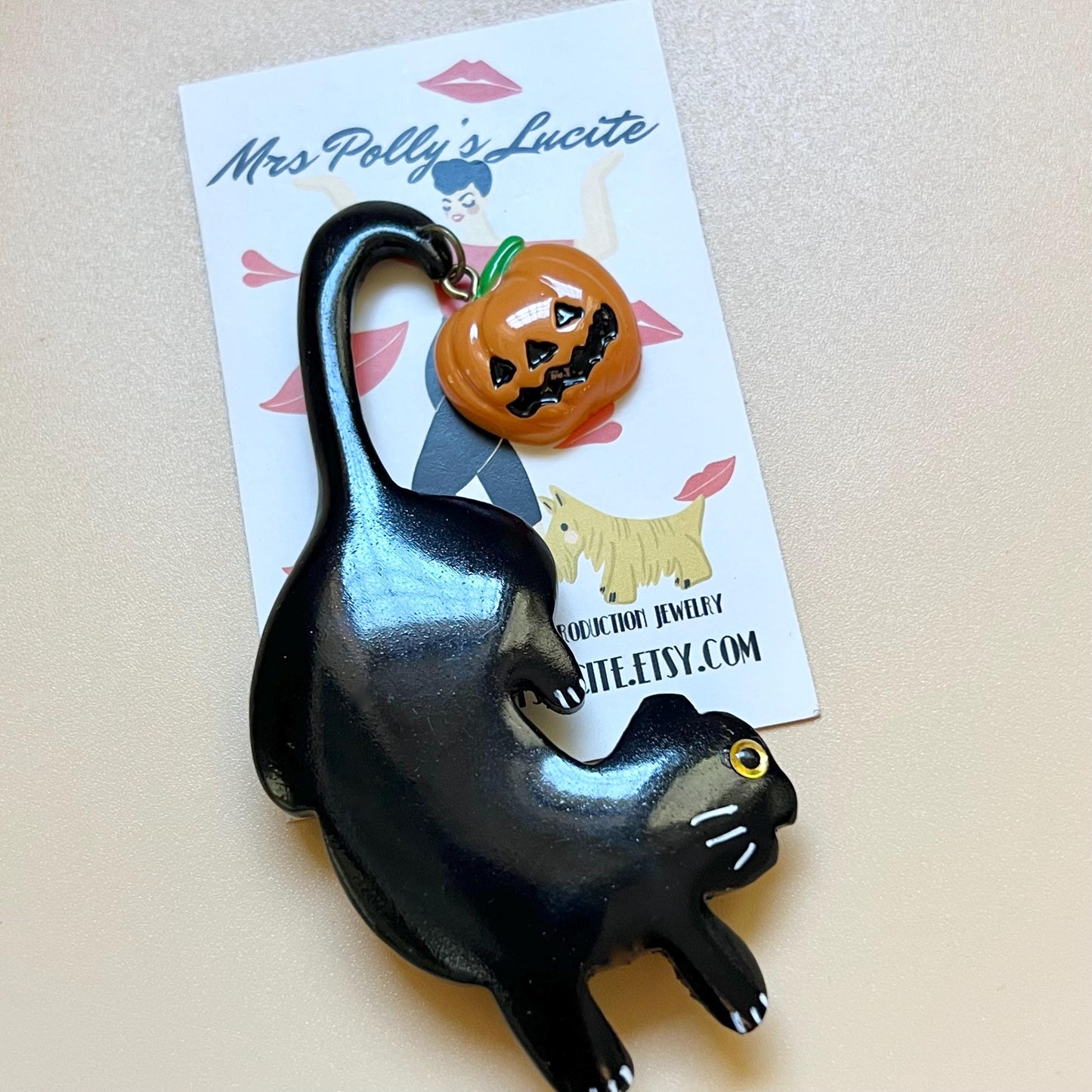 Halloween Black Cat and jack o lantern Resin Brooch