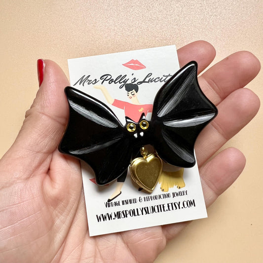 Spook-tacular Heart Locket Bat Brooch