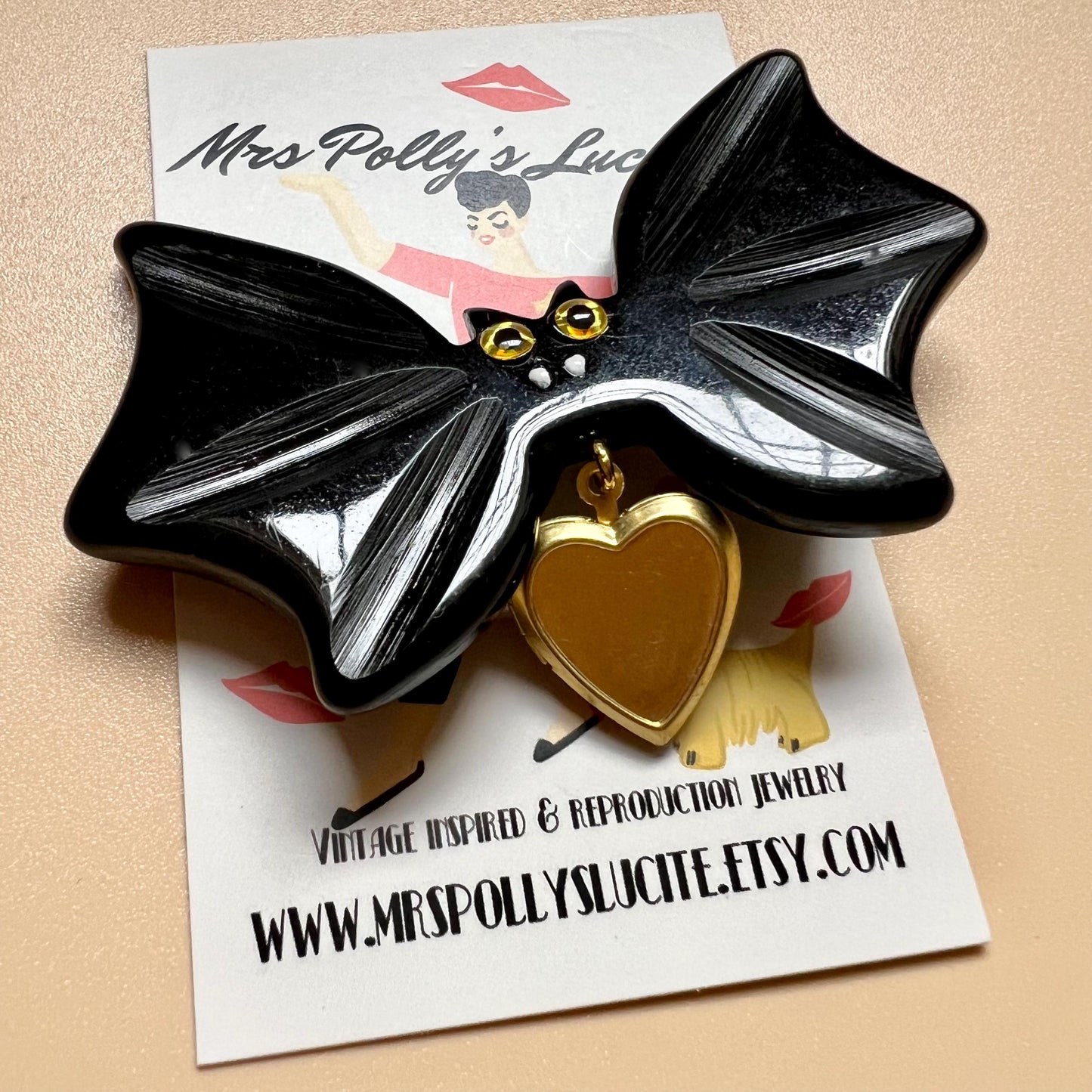 Spook-tacular Heart Locket Bat Brooch